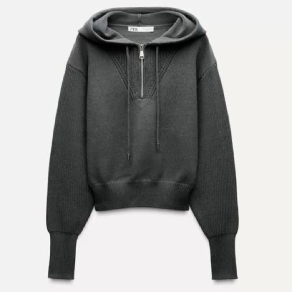 NWT! Zara Dark Grey Knit Long Sleeve Cropped Length Hooded Sweater Top Pullover